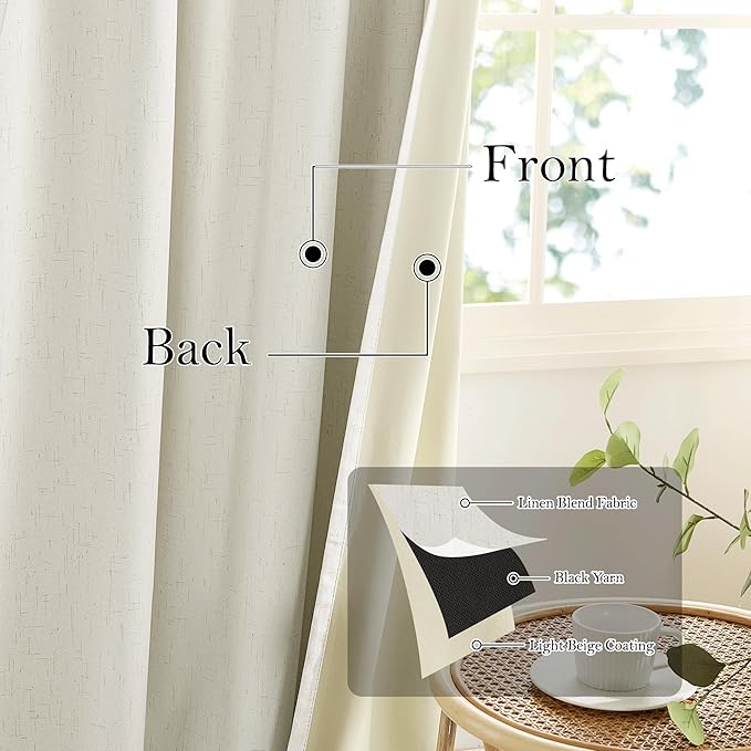 RYB HOME Cream White Linen Blackout Curtains, 100% Blackout Thermal Insulated Boho Farmhouse Window Curtain Panels for Living Room, Back Tab & Rod Pocket, 52" W x 84" L, 2 Panels Set