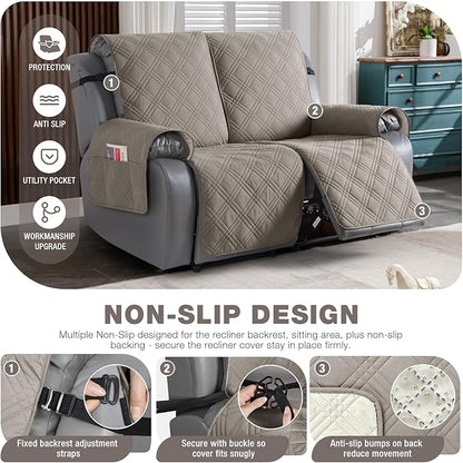 TAOCOCO 100% Waterproof Oversized Loveseat Recliner Cover, Non Slip Split Couch Covers for Reclining Loveseat with Elastic Straps for Kids Pets(Oversized 2 Seater, Light Browm)