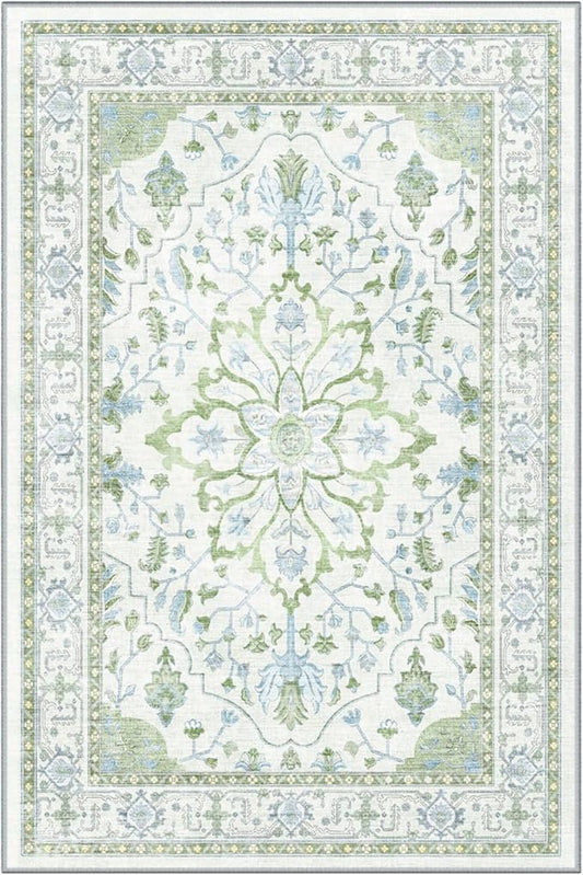 Area Rugs Round 4ft Washable Non-Slip, Floral Vintage Distress Print Pattern Medallion Carpet for Living Room Bedroom Dining Room, Green White Blue