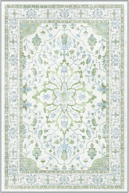 Area Rugs Round 8ft Washable Non-Slip, Floral Vintage Distress Print Pattern Medallion Carpet for Living Room Bedroom Dining Room, Green White Blue