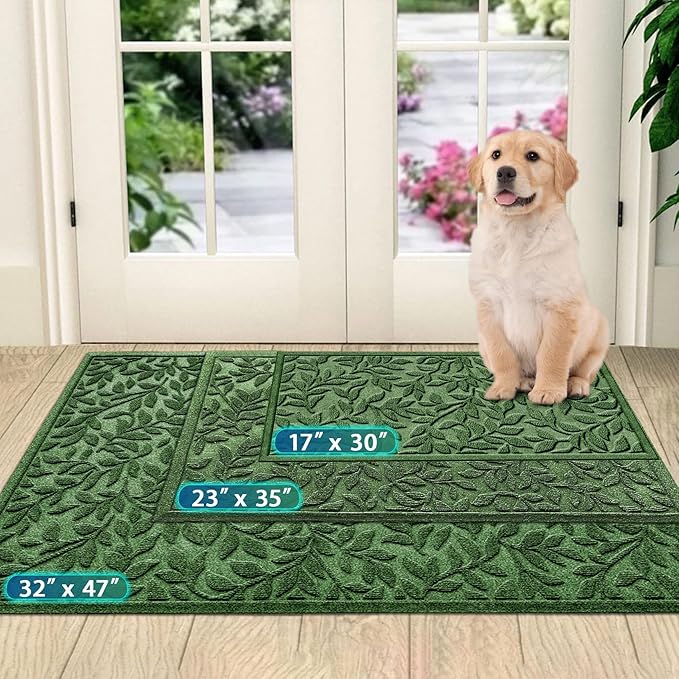 Bulijojo Sturdy Front Entrance Doormats,Durable Heavy Duty Welcome Mat,Thick Absorbent Natural Rubber Non Slip Mat,Easy Clean Entryway Mat Leaves Green, 47" x 32"