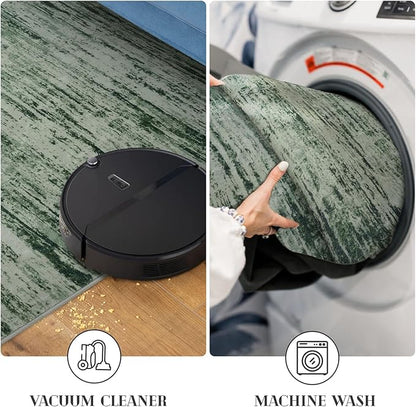 Lansny Modern Abstract Entryway Rug Indoor 2x3 Washable Rug Non-Slip Soft Small Area Rug Forest Green Kitchen Mats Thin Print Faux Wool Floor Carpet Throw Rugs for Entrance Bedroom