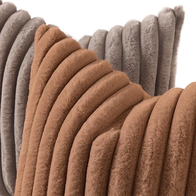 decorUhome Cozy Faux Fur Throw Pillow Covers 26x26 Set of 2 Decorative Soft Plush Striped Modern Farmhouse Boho Couch Euro Sham Pillow Cases with Velvet Back for Sofa Bed Living Room, Brown