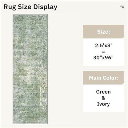 Soalmost Washable Runner Rug, 2'6" x 8' Non-Slip Kitchen Vintage Foldable 2.5x8ft Hallway Runners for Entryway, Laundry, Bedroom, Green/Ivory