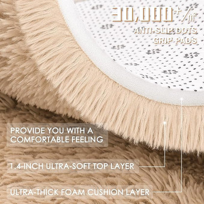 OLANLY Beige Round Rugs for Bedroom - Machine Washable, 2 ft Circle Area Rugs for Living Room, Soft and Fluffy Shaggy Carpet for Teen Girls and Boys, Nursery Rooms, Dorms, Home Decor Aesthetic
