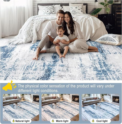 Area Rugs Living Room Rug - 4x6 Washable Modern Abstract Soft Neutral Non-Slip Carpet Large Indoor Floor Thin Carpets for Bedroom Dining Room Farmhouse Nursery Home Office White Blue Grey