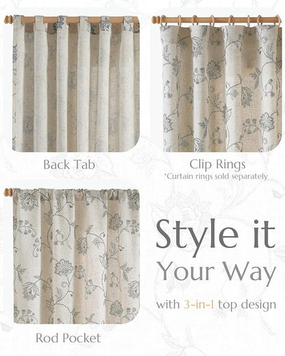 jinchan Linen Curtains Floral Curtains 96 Inch Length for Living Room Bedroom Light Filtering Rod Pocket Back Tab Jacobean Curtains Flax Linen Texture Window Drapes Set 2 Panels Dark Grey on Linen