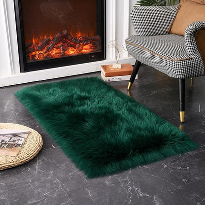 EasyJoy Ultra Soft Fluffy Shaggy Area Rug Faux Fur Rug Chair Cover Seat Pad Fuzzy Area Rug for Bedroom Floor Sofa Living Room (2 x 4 ft Rectangle, Dark Green)