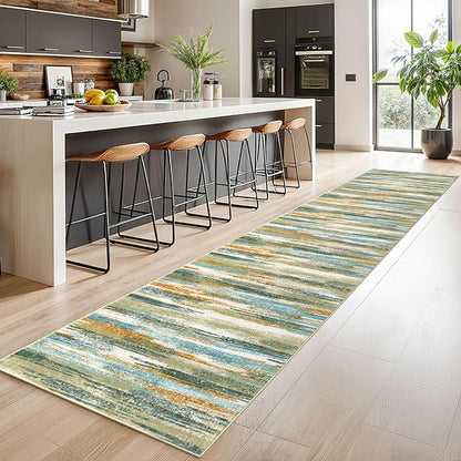 Lansny Modern Abstract Runner Rug 2.6x14, Green Mustard Multi Washable Long Kitchen Runner Non-Slip Soft Hallway Rug Runner Thin Print Faux Wool Carpet for Entryway Bedroom Laundry Room Indoor