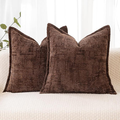 HPUK Fall Chenille Soft Throw Pillow Covers 18x18 Set of 2, Accent Cushion Covers for Living Room, Bedroom, Decorative Solid Color Pillow Covers for Couch, Sofa, Chair, Chocolate