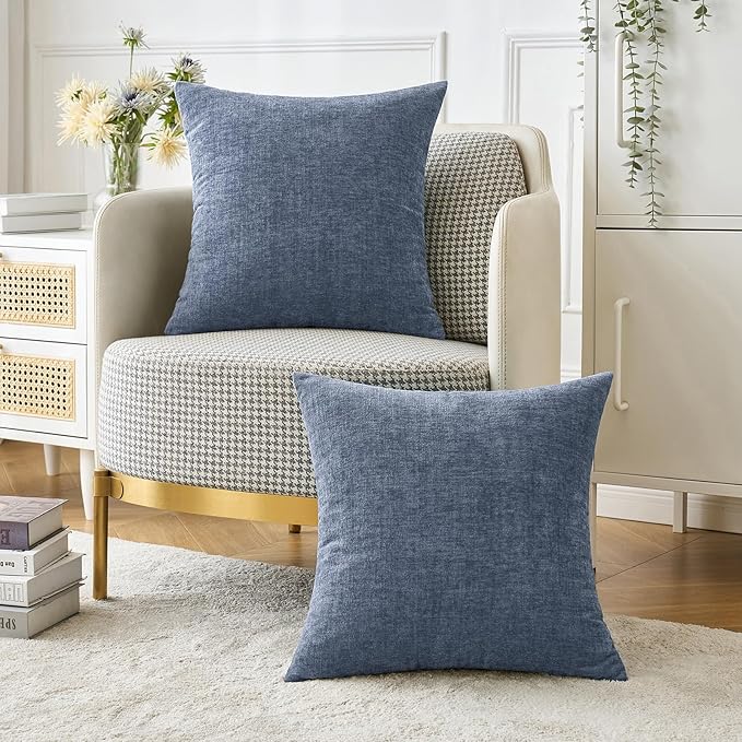 MIULEE Pack of 2 Couch Throw Pillow Covers 18x18 Inch Soft Dark Grey Blue Chenille Pillow Covers for Sofa Living Room Solid Dyed Pillow Cases