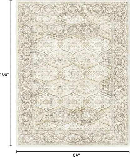 7x9 Machine Washable Non Slip Vintage Area Rugs for Living Room, Low Pile Lightweight Print Rug for Bedroom, Dining Room, Home Office, Beige Gray