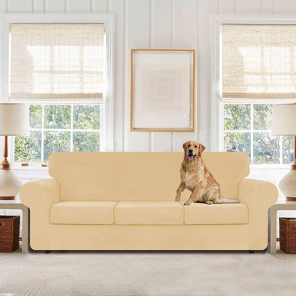 WEERRW 4 Pieces Velvet High Stretch Couch Covers for 3 Cushion Couch Sofa Slipcovers, Washable Furniture Protector with Non Slip Elastic Bottom, Feature Soft and Thick Plush Fabric, Champagne, Large