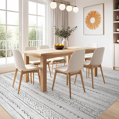 Nakagishi Area Rugs 8x10 Living Room: Washable Boho Large Neutral Soft Farmhouse Rug Stain Resistant Modern Geometric Non-Slip Indoor Carpet for Bedroom Nursery Kids Playroom Office Dining Room- Grey