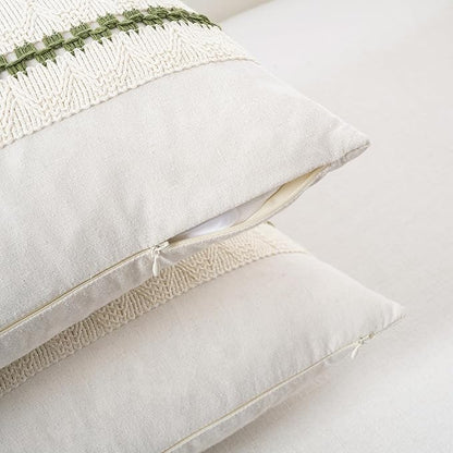 Fancy Homi Set of 1 Boho Moss Green Lumbar Decorative Throw Pillow Cover 12x20 Inch for Couch Bed Sofa Chair, Modern Organic Farmhouse Home Decor, Soft Cotton Cute Accent Rectangle Cushion Case