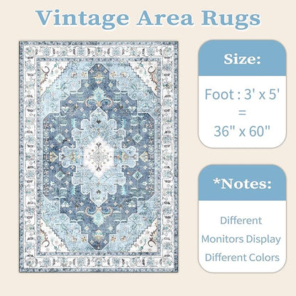 SERISSA Area Rug 3x5 Boho Blue Rugs for Bedroom, Washable Kitchen Rugs Non-Slip, Ultra Soft Print Distressed Vintage Entry Rug Low-Pile Throw Rug Carpet for Bedroom Nursery Living Room Dorm Decor