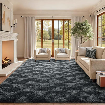 6x9 Ft Large Shag Rugs for Bedroom Living Room for Men Boys, Tie Dyed Ultra Soft Fluffy Furry Area Rug for Indoor Floor, Aesthetic Carpet for Home Decor (Black Grey)