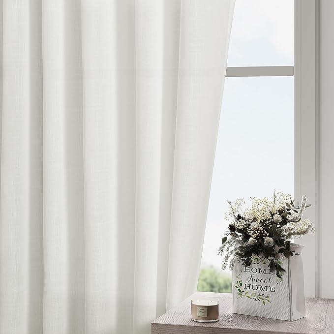 Linen Off White Curtains 144 inch Extra Long for Living Room Back Tab Light Filtering Semi Sheer Drapes Modern Farmhouse Coastal White Cotton Textured Curtain for Floor to Ceiling Window 12 FT