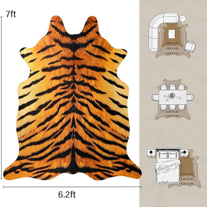 AROGAN Premium Tiger Print Rug 6.2x7 Feet, Machine Washable Faux Fur Rug, Non-Slip Animal Print Hide Tiger Skin Area Rug for Bedroom Living Room Home Decor