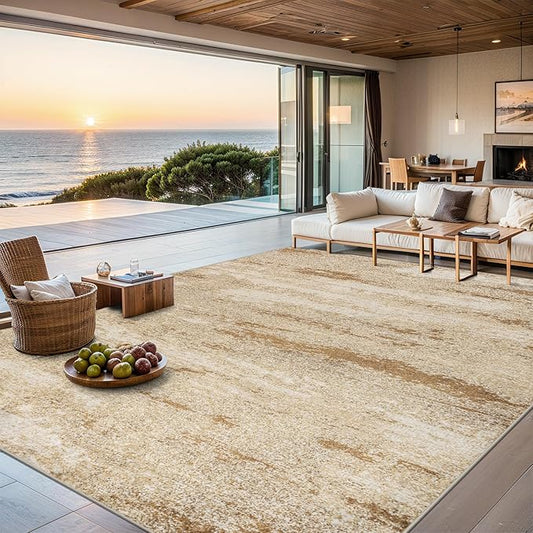 Area Rugs 10x14 Living Room - Washable Rug Modern Abstract Soft Large Neutral Non-Slip Carpet Indoor Floor Thin Carpets for Bedroom Dining Room Farmhouse Nursery Home Office Beige