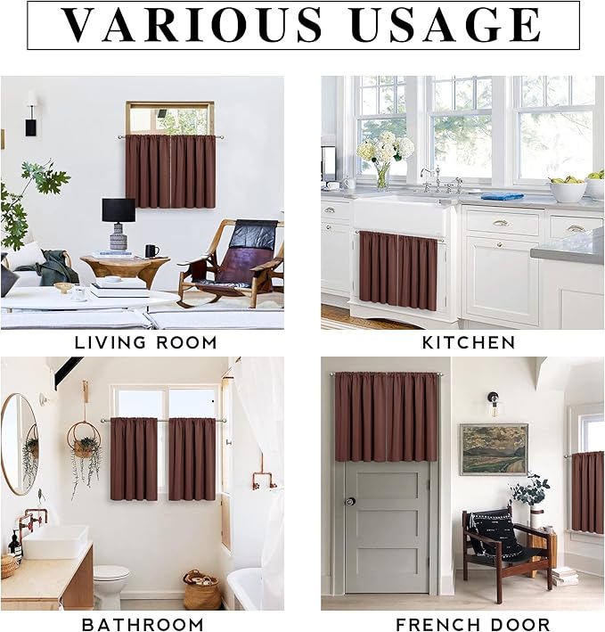 RYB HOME Cafe Blackout Curtains 24 inch Length, RV Curtains for Camper Windows, Mini Short Small Insulating Light UV Blocking Privacy Half Window Tiers, Width 42 by Length 24, Chocolate Brown, 2 Pcs