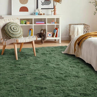 6x9 Ft Large Green Area Rug for Bedroom Living Room, Ultra Soft Fluffy Furry Rugs for Classroom Indoor Floor, Aesthetic Carpet for Kids Home Decor
