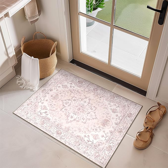 RELEANY Area Rugs 2'6''x4' Kitchen Rugs Entry Rug Small Rugs for Entryway Kitchen Bathroom Door Mat Indoor Entrance,Washable Non Slip, Pink Greypink Cute
