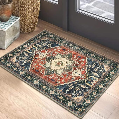 Yamaziot Washable Area Rug, 2x3 Small Entryway Rug Non-Slip Boho Vintage Rug with Rubber Backing, Low Pile Faux Wool Soft Distressed Floor Carpet for Indoor Door Mat, Kitchen, Laundry Bathroom