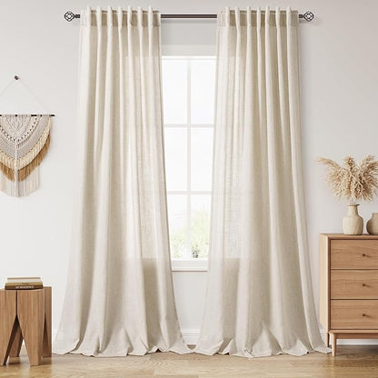 Nanspring Boho Curtains 90 Inches Long for Living Room Linen Light Filtering Semi Sheer Curtain Back Tab and Rod Pocket Eclectic Home Decor Elegant Modern Drapes for Bedroom Office 52x90, 2 Panels
