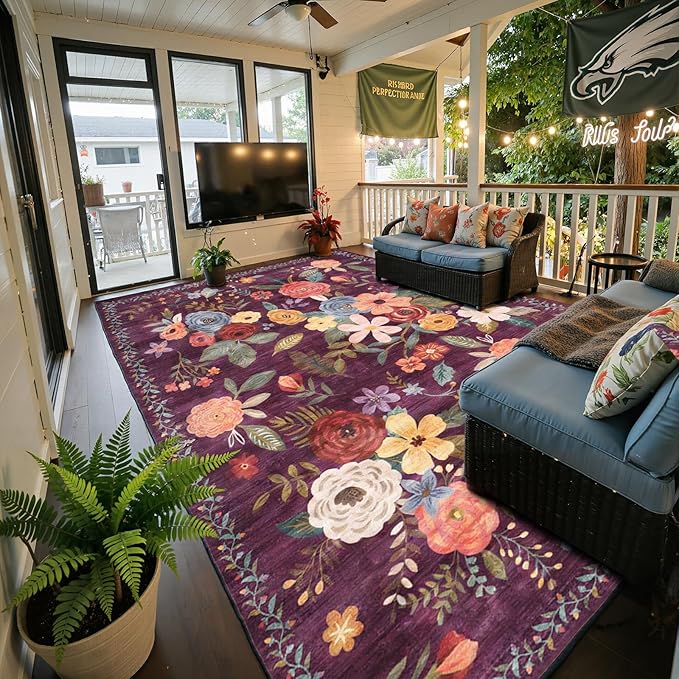 Area Rugs 10x14 Living Room, Non Slip Machine Washable Floral Rugs, Low Pile Lightweight Large Rug for Bedroom, Dining Room, Home Office(10 x 14, Purple)