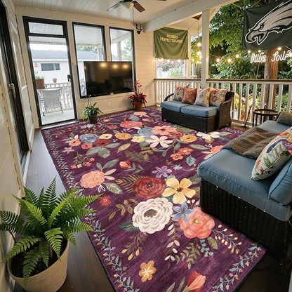Area Rugs 10x14 Living Room, Non Slip Machine Washable Floral Rugs, Low Pile Lightweight Large Rug for Bedroom, Dining Room, Home Office(10 x 14, Purple)