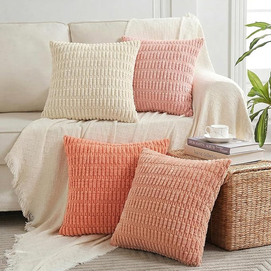 Fancy Homi 4 Packs Blush Pink Decorative Throw Pillow Covers 20x20 Inch for Living Room Couch Bed Sofa, Soft Plush Striped Corduroy Square Light Pink Coral Peach Cream Colorful Cushion Case 50x50 cm