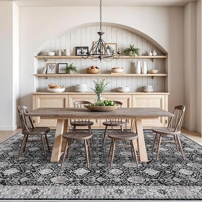 Vintage 10x14 Washable Area Rug: Large Living Room Rugs Indoor Soft Stain Resistant Carpet with Non-Slip Backing for Bedroom Dining Room Farmhouse Low Pile Floor Mat for King Size Bed (10x14 Black)