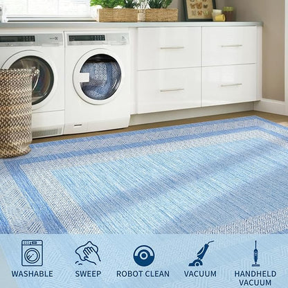 GarveeHome 9x12 Large Modern Light Blue Area Rug Distressed Bordered Soft Non Shedding Floor Carpet, Geometric Washable Non Slip Low Pile Indoor Area Rug for Living Room, Bedroom