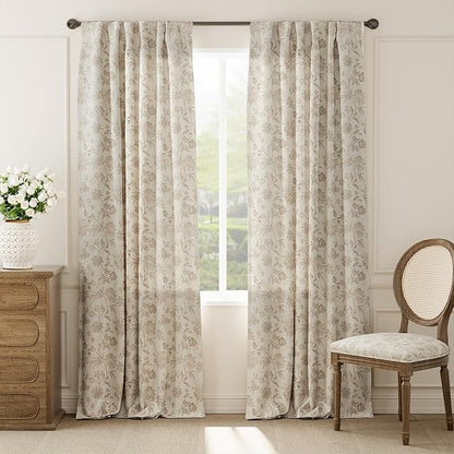 jinchan Linen Floral Curtains for Living Room with Printed Flower 96 Inches Long Light Filtering French Country Back Tab Rod Pocket Taupe Window Curtain Set Farmhouse Drapes 2 Panels Taupe