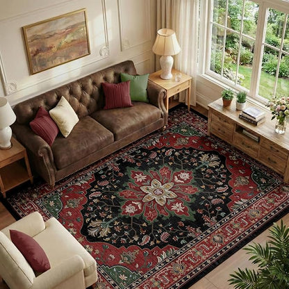 Area Rugs 6'x9' Washable Non-Slip, Floral Vintage Distress Print Pattern Medallion Carpet for Living Room Bedroom Dining Room, Red Black