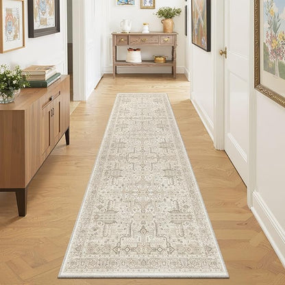 Washable 2x8 Runner Rug - Non Slip Vintage Kitchen Runner Rugs Low-Pile Distressed Long Rugs for Hallway Waterproof Indoor Carpet for Living Room Bedroom Entryway 2'x8' Beige