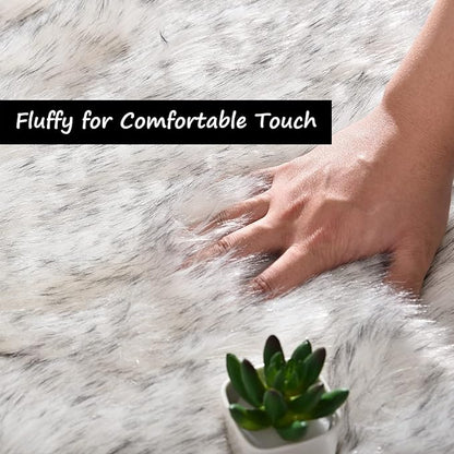 Goolela Round Sheepskin Area Rug 6ft Fluffy Circle Faux Fur Rug for Bedroom Living Room Furry Fuzzy Plush Washable - White with Grey Tips