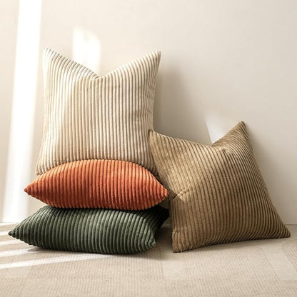 MIULEE Boho Farmhouse Throw Pillow Covers 18x18 Inch Set of 4 Rustic Modern Neutral Cushion Covers Soft Corduroy Nordic Home Decor for Couch Bed Sofa Living Room Rust-Olive Green