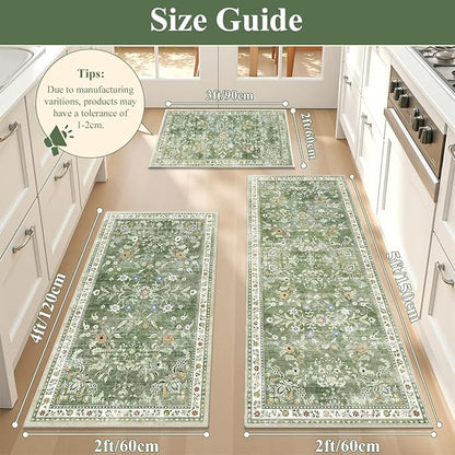 Yamaziot Washable Kitchen Rug Set of 3 – Non Slip Boho Floral Hallway Runner Rug with Rubber Backing, Low Pile Kitchen Mats for Floor, Laundry, Desk (2x3+2x4+2x5,Green)