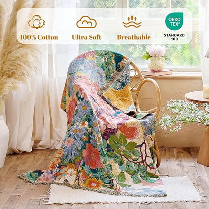 MSGKV Boho Throw Blanket for Couch 50"x60" Cotton Floral Blankets for Sofa Chair Spring Breathable Farmhouse Home Decor All Seasons Lightweight Muslin