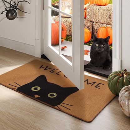 UINI Door Mat Cat Welcome Mat, Black Cat with Green Eyes Doormat, Non-Slip Cat Welcome Mats for Front Door, Outside Entrance, Resist Dirt, 17" x 30"