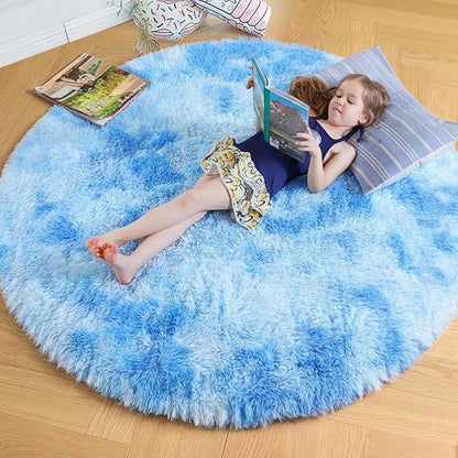 Amdrebio Tie-Dyed Light Blue Round Circle Rug 5Ft for Girls Bedroom, Soft Cute Fluffy Area Rugs for Boys, Kids Room Decor, Plush Shaggy Fuzzy Stitch Carpet for Baby Nursery Playroom Classroom Dorm