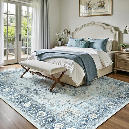 Lofus 6x9 Area Rugs for Living Room, Machine Washable Non-Slip Area Rug, Low Pile Large Rugs for Bedroom, Kitchen, Dining Room, Home Office, Vintage Oriental Print Rug, Blue Gold