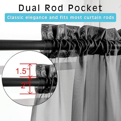 OVZME Black Sheer Curtains 36 inches Long, Short Kitchen Window Treatment Solid Sheers Cafe Curtains Tiers Voile Half Window Curtains 2 Panels for Kitchen Room Laundry, Rod Pocket, 42" Wx36 L