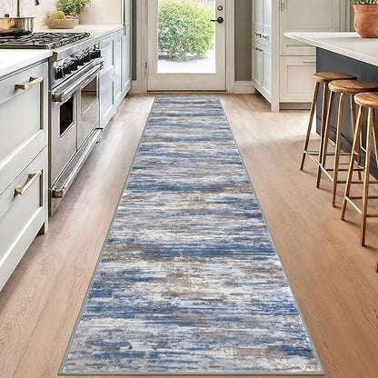 KOZYFLY Modern Abstract Runners for Hallways 2x12 Washable Rug Runner Non-Slip Soft Striped Kitchen Runner Rug, Blue Rust Print Carpet Runner for Entryway Bathroom Laundry Room Foyer