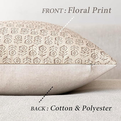 Foindtower Set of 2 Decorative Neutral Floral Print Throw Pillow Covers Vintage Accent Farmhouse Cushion Covers Boho Home Decor for Sofa Couch Chair Bedroom Living Room,22×22 Inch,Ivory Beige
