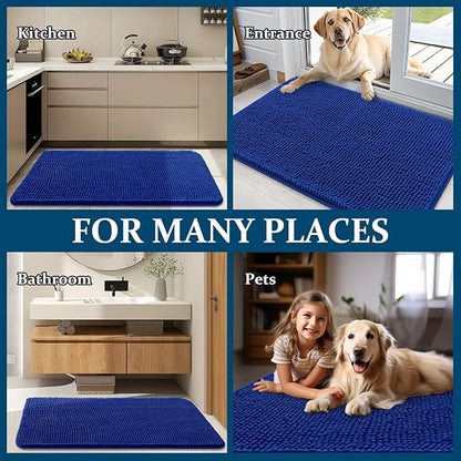 OLANLY Dog Door Mat for Muddy Paws 40x24, Absorbs Moisture and Dirt, Absorbent Non-Slip Washable Doormat, Quick Dry Chenille Mud Mat for Dogs, Entry Indoor Entryway Carpet for Inside Floor, Royal Blue