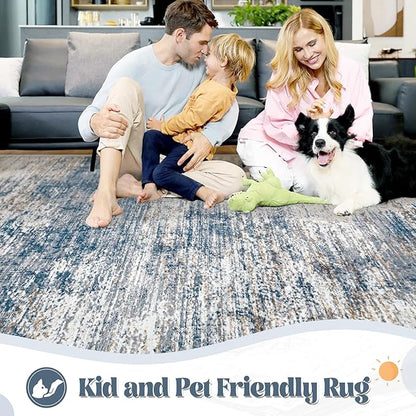 XLUEZ 5x7 Area Rugs for Living Room, Washable Modern Abstract Large Area Rug Neutral Soft Non Slip Kids Rug Stain Resistant Indoor Carpet for Bedroom Nursery Dining Room Playroom(BlueWhite, 5'x7')