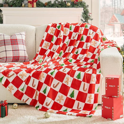 BEDELITE Christmas Throw Blanket – Red and White Checkered Holiday Blanket with Gingerbread Man, Candy Cane & Christmas Tree Pattern, Soft Warm Fleece Christmas Blanket for Home Décor & Gift, 50"x60"